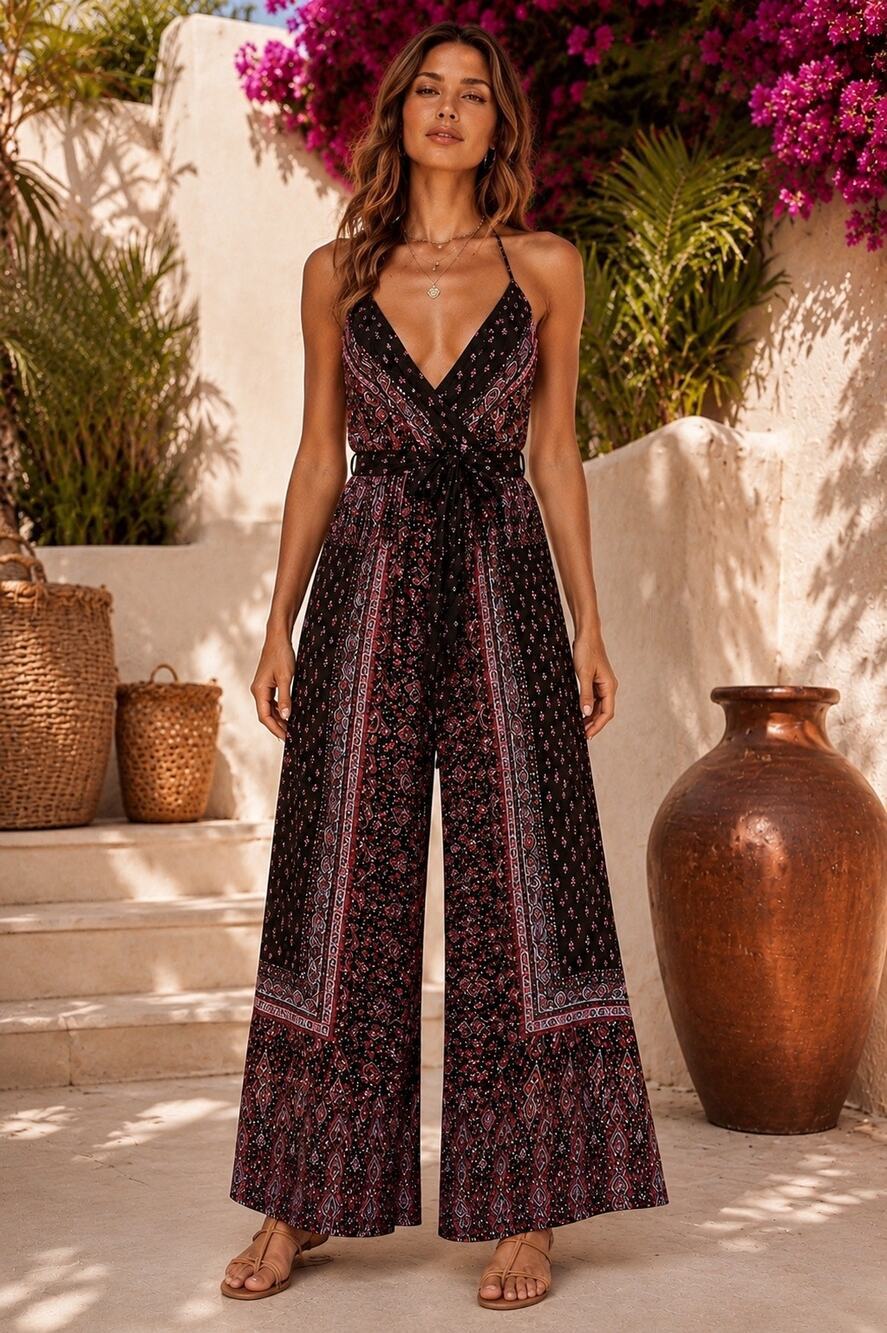 Free People Boho Coastal Wide Leg Jumpsuit Tie Waist Printed Festival Romper